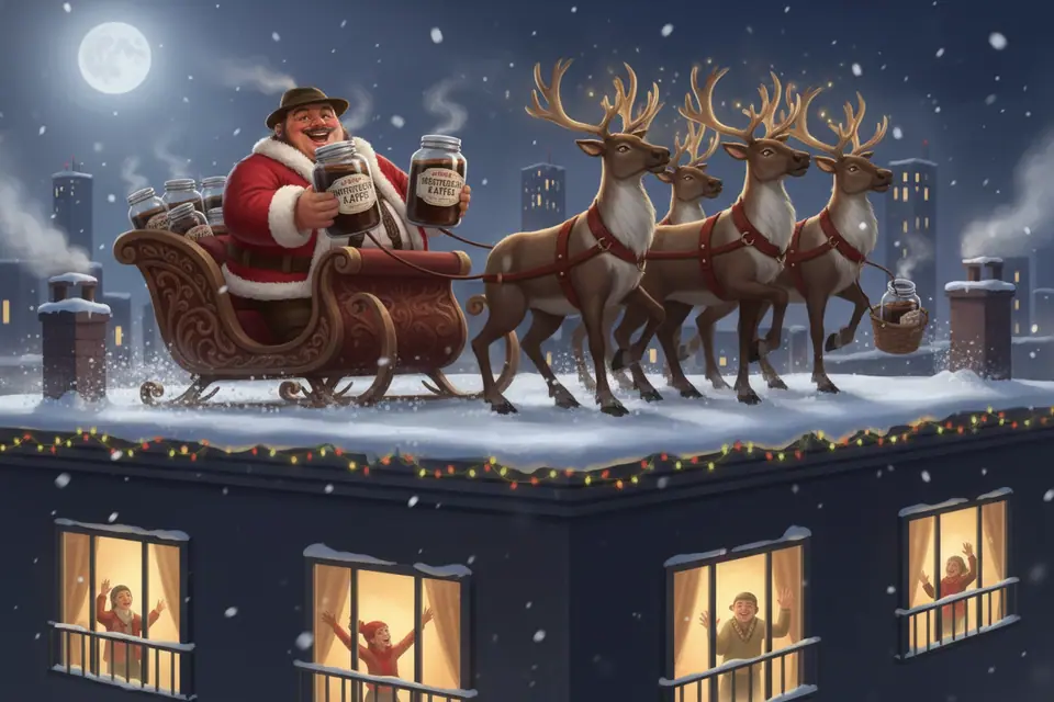 A full, complete, high-quality image. Herr Hoffskeller, a large jolly German man in traditional German clothes, is the central figure. He is Dressed as Santa driving a sleigh. The setting is On a rooftop in the year 2024. He is with Reindeer pulling sleigh. There is a Delivering coffee at Christmas going on. Herr Hoffskeller is holding a Coffee jars. The vibe is Laughing. The image should be in a style that looks like a realistic, but slightly stylized, digital painting.