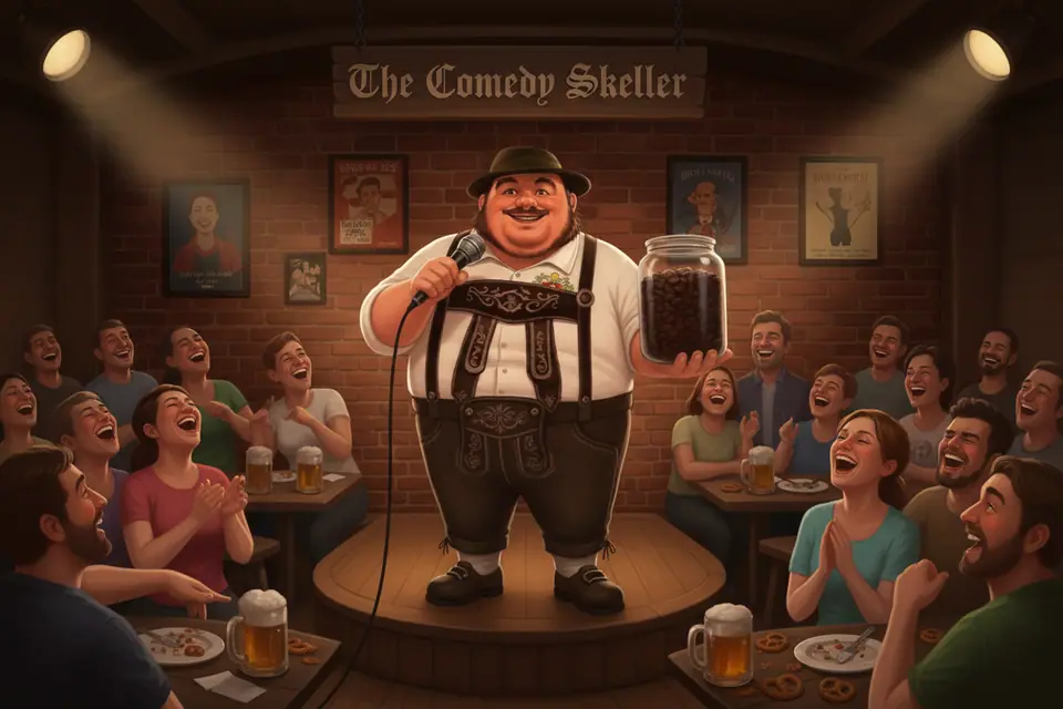 A full, complete, high-quality image. Herr Hoffskeller, a large jolly German man in traditional German clothes, is the central figure. He is Performing standup comedy. The setting is the Comedy Skeller in the year 2025. He is with audience. There is a standup comedy going on. Herr Hoffskeller is holding a A microphone and a jar of coffee beans. The vibe is Laughing. The image should be in a style that looks like a realistic, but slightly stylized, digital painting.