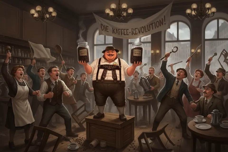 A full, complete, high-quality image. Herr Hoffskeller, a large jolly German man in traditional German clothes, is the central figure. He is Leading the coffee hall putsch. The setting is Hoffskeller in Berlin in the year 1924. He is with A ragtag band of revolutionaries. There is a Public disorder, rowdiness going on. Herr Hoffskeller is holding a Two jars of coffee beans. The vibe is Fervor. The image should be in a style that looks like a realistic, but slightly stylized, digital painting.