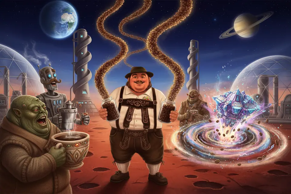 A full, complete, high-quality image. Herr Hoffskeller, a large jolly German man in traditional German clothes, is the central figure. He is Hosting the Intergalactic Coffee Roasters Convention. The setting is Planet Mars in the year 3500. He is with Zorbotron, Kupilious Maximus — all gazillionaire coffee roasters from other solar systems. There is a The Gorboloxing of the Polotronious — an archaic coffee term that has origins from another dimension going on. Herr Hoffskeller is holding a Two jars of coffee beans that expand upward infinitely throughout spacetime. The vibe is Laughing. The image should be in a style that looks like a realistic, but slightly stylized, digital painting.