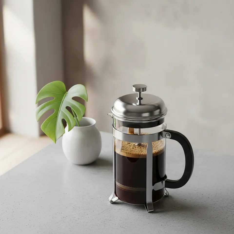 A French press of coffee on a table beside a mug