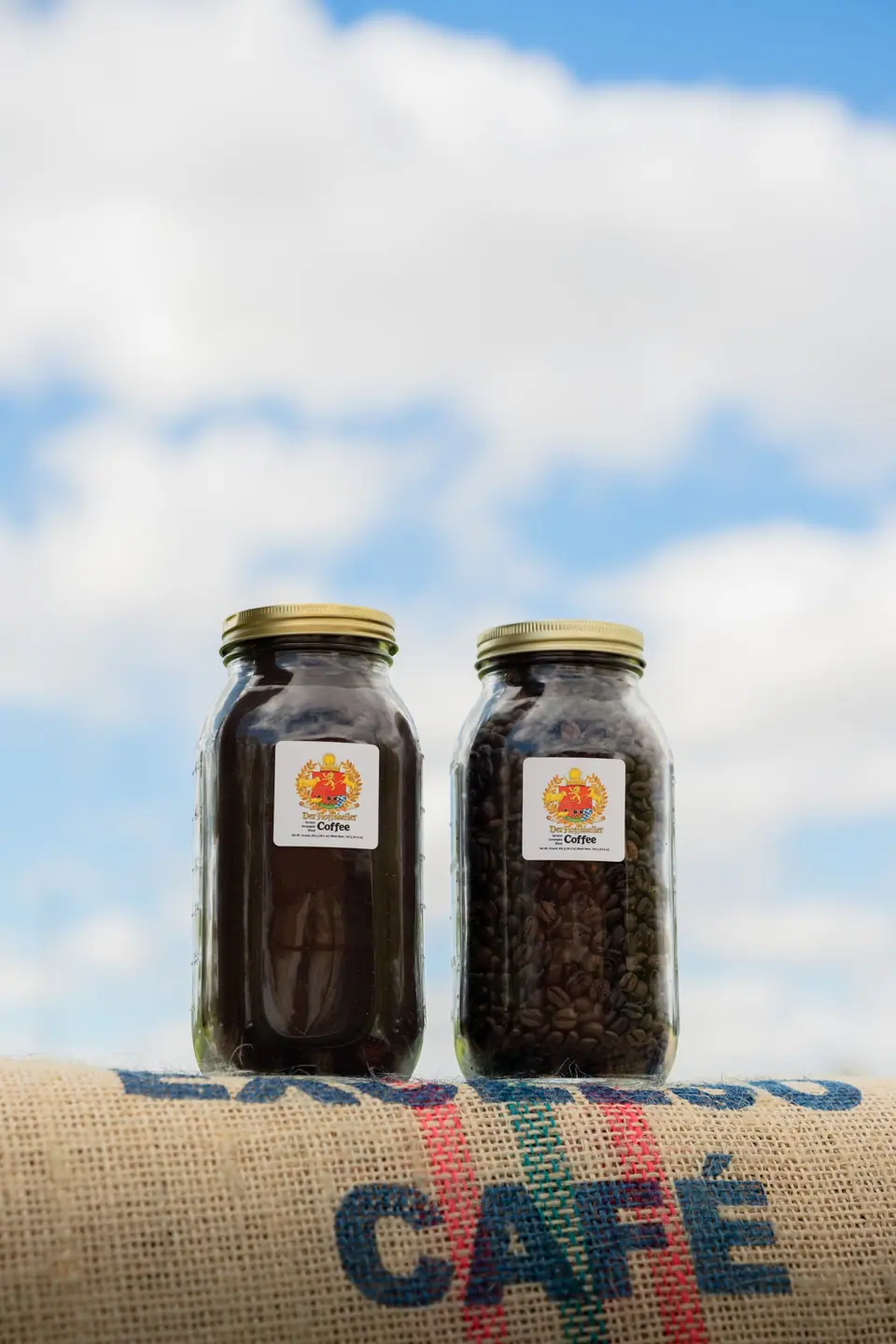 Two Big Hoff Mason jars of Der Hoffskeller coffee