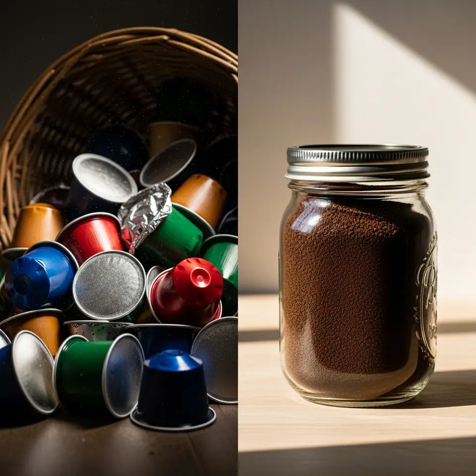 A basket of used coffee capsules next to a jar of fresh ground coffee