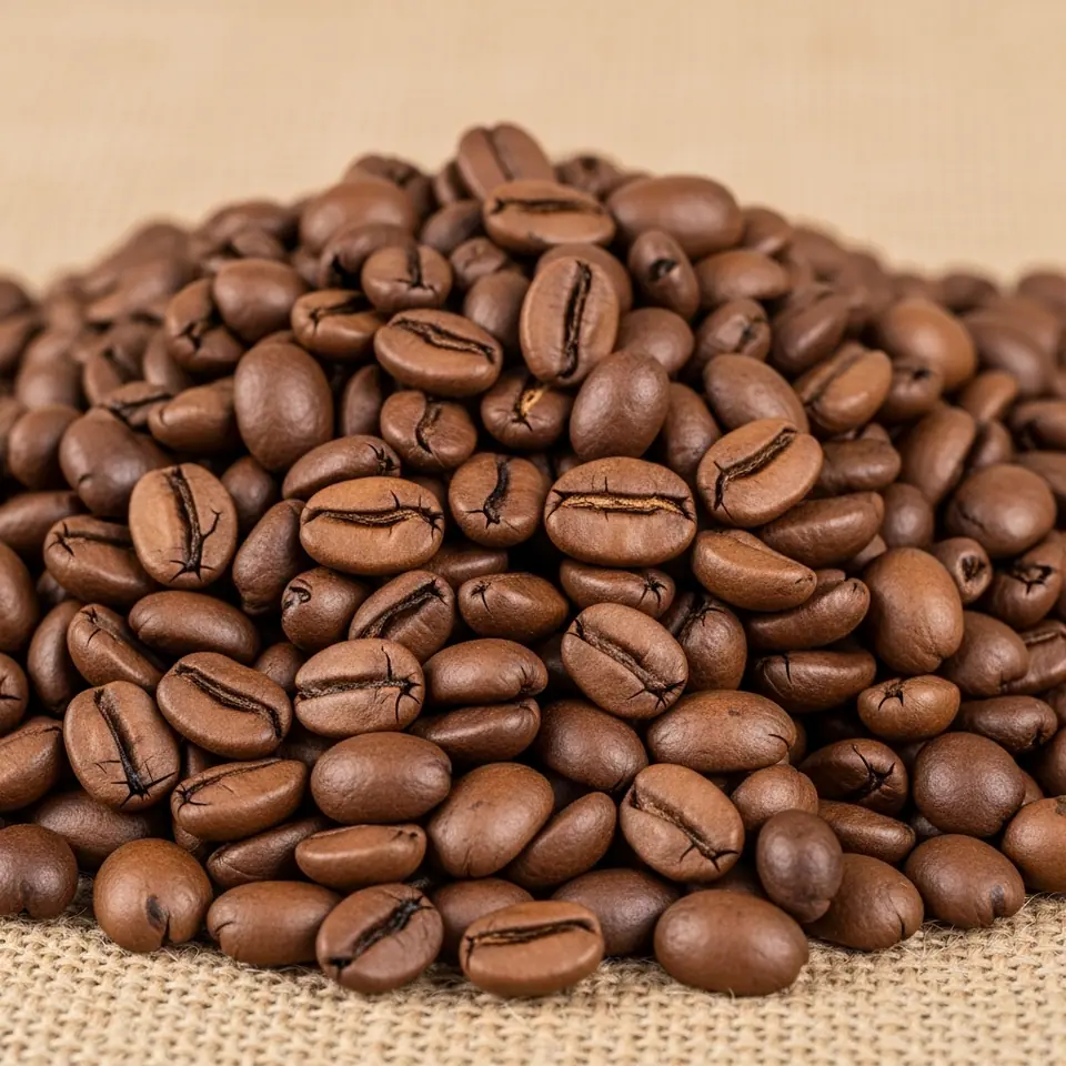 A pile of roasted Colombian Supremo Arabica coffee beans