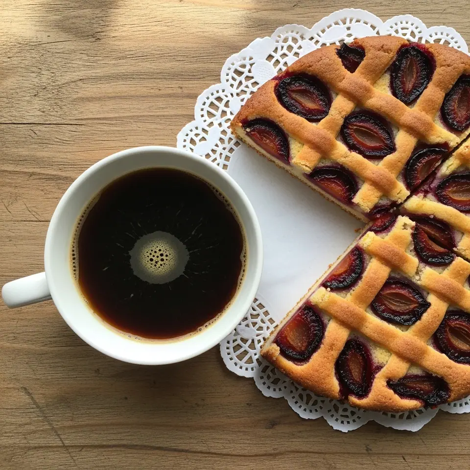 A cup of black filter coffee beside a plum cake on a lace doily