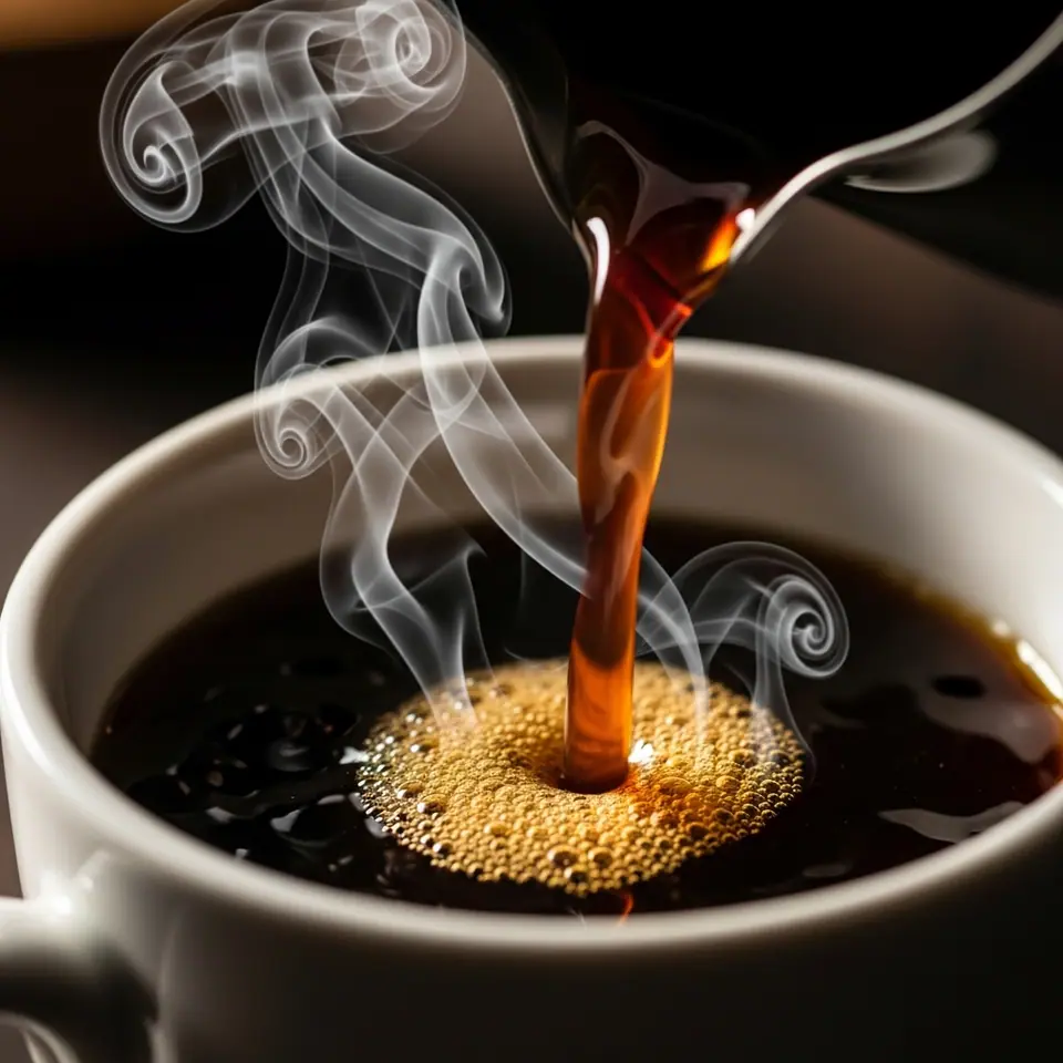 Black coffee being poured into a white mug