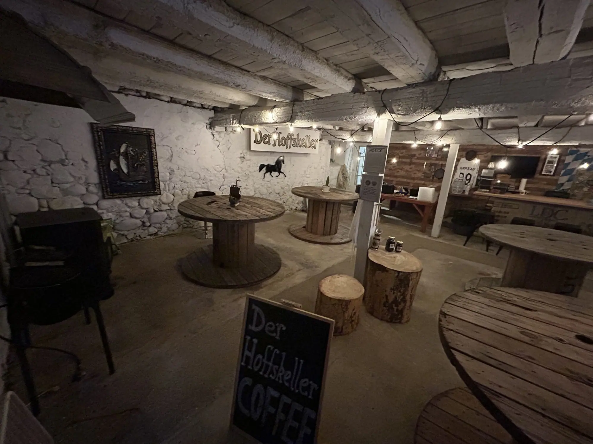 The Der Hoffskeller coffee barn at night, where customers drink our percolator coffee